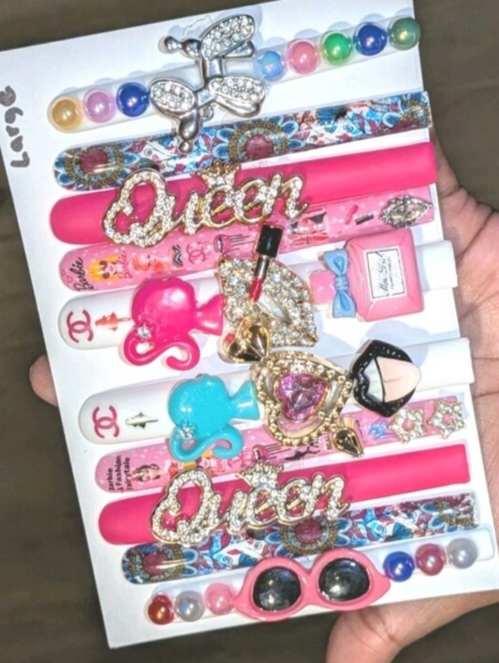 Hand Crafted Pink & Blue Queen Charm Press-On Nails Sz Large